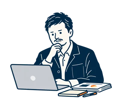 PCを前に自社の発信について考えている経営者